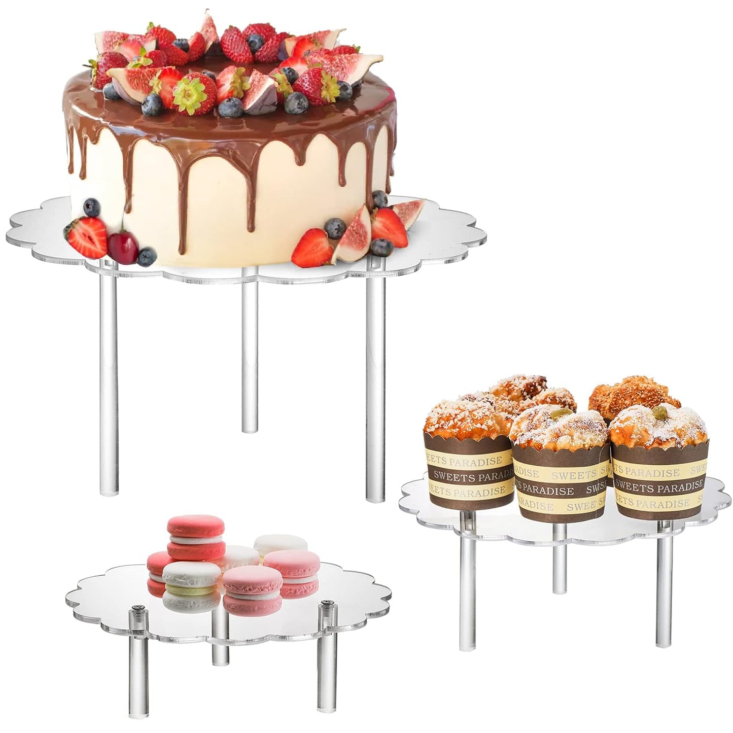 Okllen 3 Pack Clear Acrylic Cake Stands, Cupcake Stand Cake Holder, Countertop Dessert Display Riser for Bakery, Appetizer, Birthday Wedding Party Baby Shower, Flower Shape