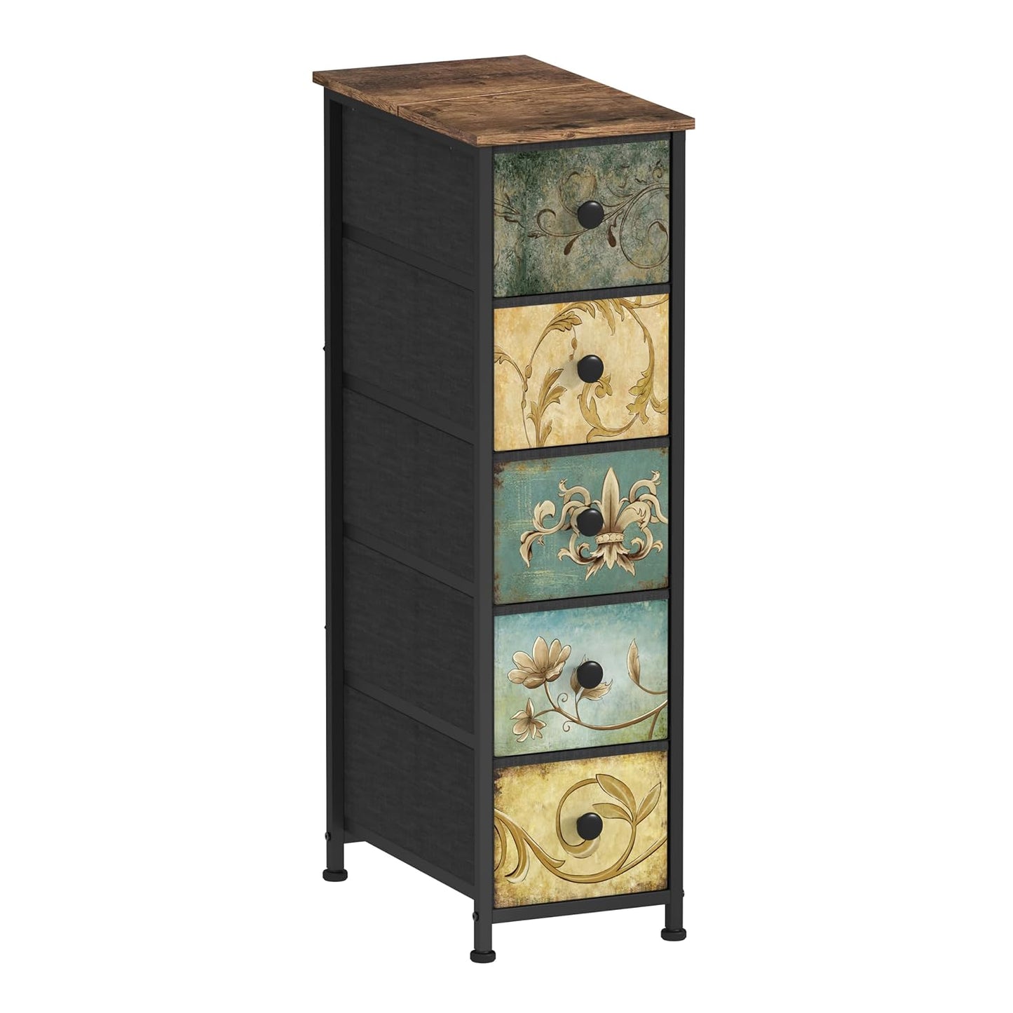 Narrow Storage Dresser Slim Dresser with Retro Flowers Fabric Drawers Vertical Skinny Cabinet for Small Spaces,Bathroom,Bedroom Closet Nightstand,Entryway Organizer (Retro Flower, 5 Drawers)
