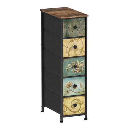 Narrow Storage Dresser Slim Dresser with Retro Flowers Fabric Drawers Vertical Skinny Cabinet for Small Spaces,Bathroom,Bedroom Closet Nightstand,Entryway Organizer (Retro Flower, 5 Drawers)