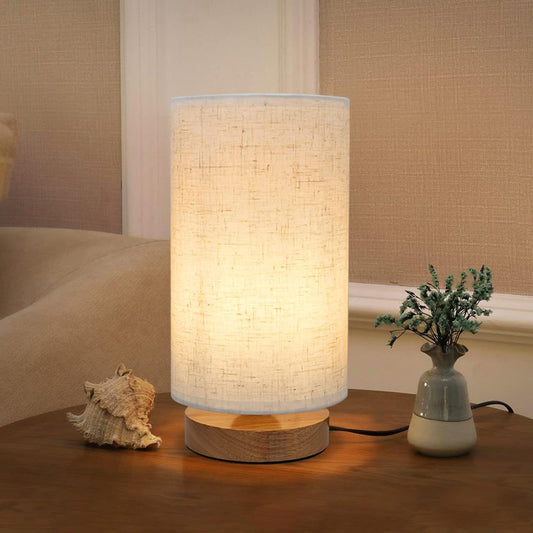 Small Bedside Night Table Lamp for Bedroom, Minima... (Beige | Fabric, Wood)