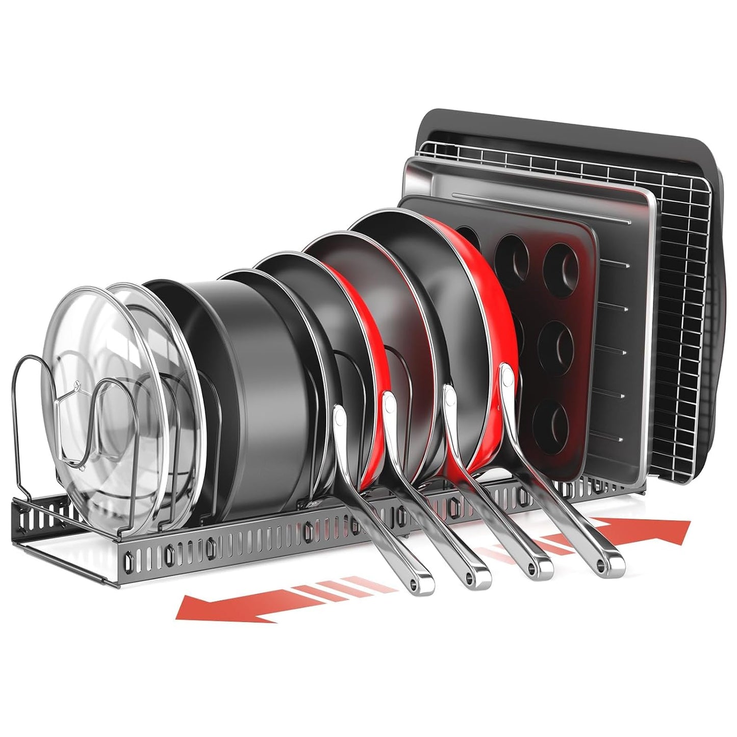 Pots and Pans Organizer under Cabinet, 11.8-22.8" 12 Dividers Black | Extends 11.8-22.8", Holds pot lids, pans, cookware and bakeware, Adjustable dividers, for under cabinet or countertop