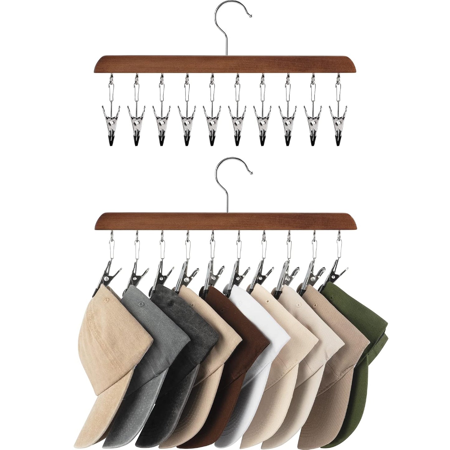 StorageWorks Hat Organizer 2 Pack, Walnut Cap Hanger Rack with 10 Clips