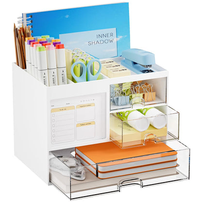Marbrasse Desk Organizer with 3 Drawer, Multi-Functional Pencil Pen Holder for Desk, Desk Organizers and Accessories with 4 Compartments, Desktop Organizer Storage for Office Home Art Supplies (White)