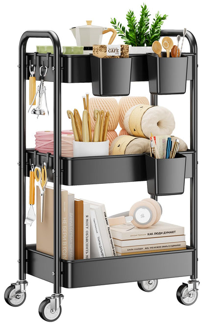 3 Tier Rolling Cart, Heavy Duty Metal Utility Cart with Wheel Black | Sturdy Rolling Storage Cart With Hooks & Hanging Cups, Great For Craft, Art Workspace, Kitchen ,Snack And Office Storage