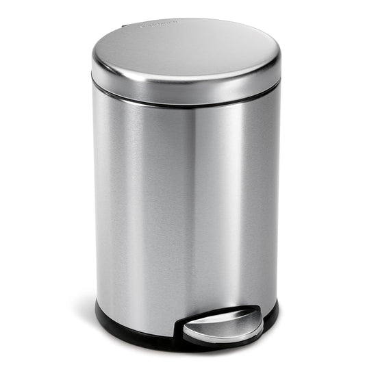 simplehuman Round Step Can, 4.5L / 1.2 Gallon Compact Bathroom Trash Can, 150,000-Step Pedal, Lid Shox® Silent Close, Removable Inner Bucket, Brushed Stainless Steel