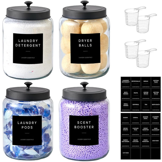 Glass Jars Laundry Containers with Lid, 0.5 Gallon Laundry Organization and Storage Jars, Laundry Detergent Container Laundry Powder Pods Holder, Glass Jar Wide Mouth with Scoops, Labels, 4 Pack