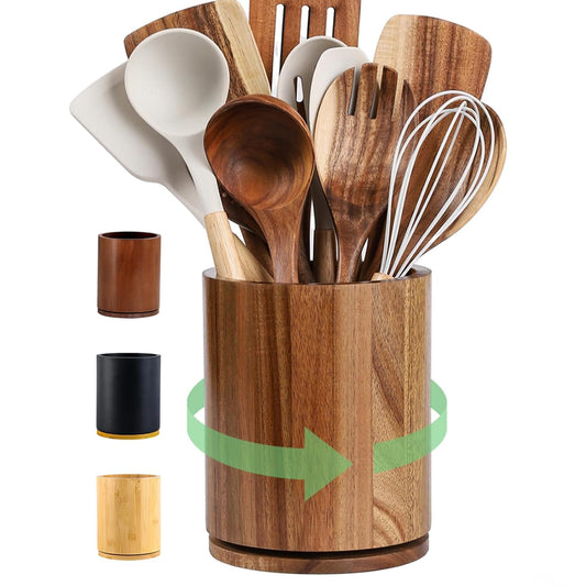 Acacia Wood Utensil Holder, 360° Rotating 7.3 in Kitchen Organizer | Rustic farmhouse countertop decor. Rotating base for easy access to spatulas, spoons, and cooking utensils. 7.3-inch capacity