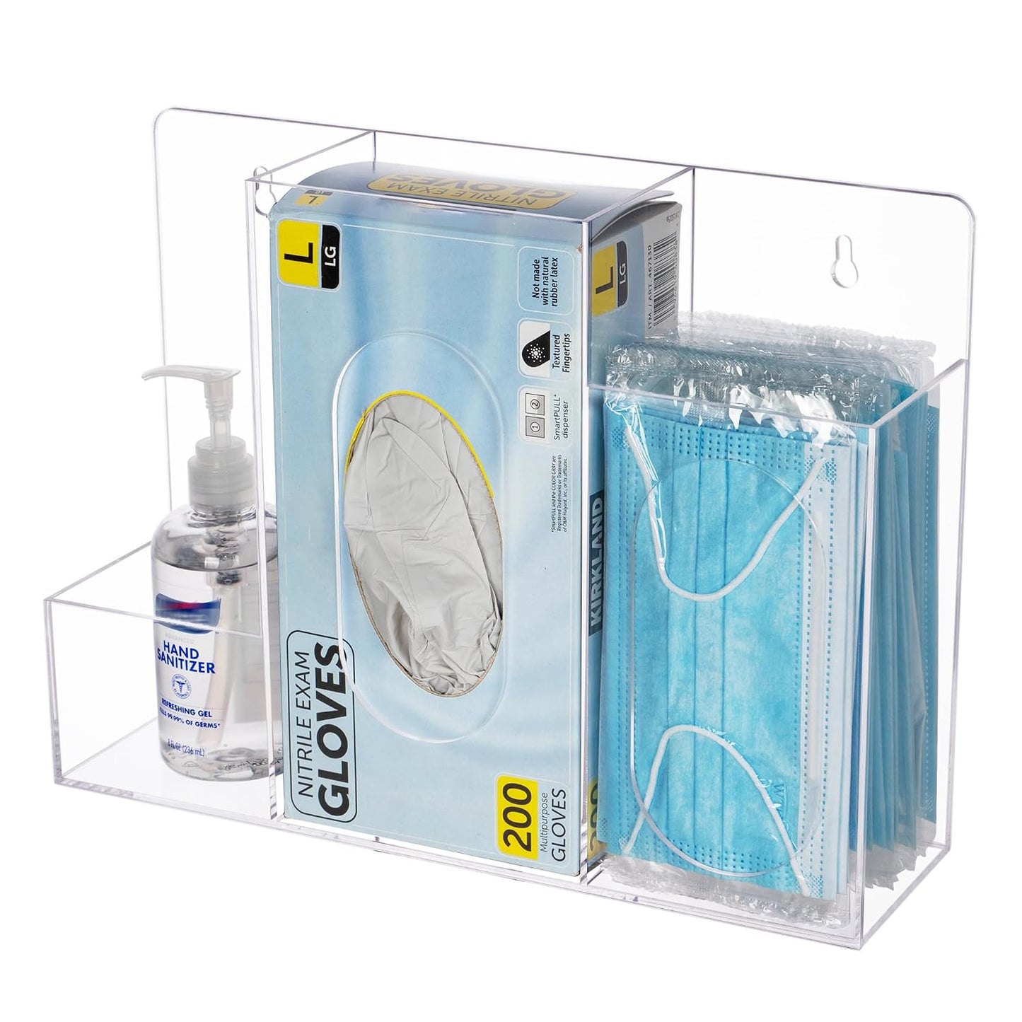 Acrylic Hygiene Dispenser Station with 3 Compartments - Triple Sanitation Station Holder Dispenser for Face Masks, Gloves Box, Hand Sanitizer, Hairnets, Tissues- Wall Mount or Tabletop