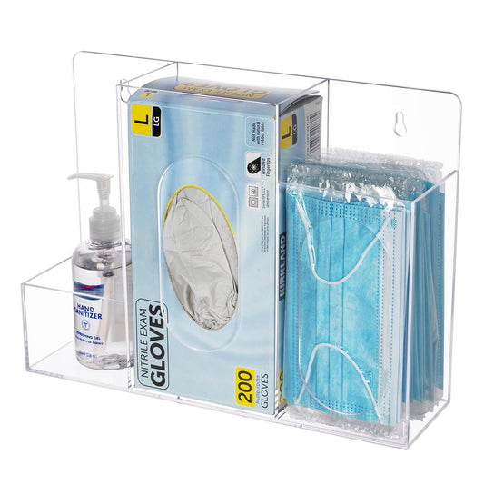 Acrylic Hygiene Dispenser Station with 3 Compartments - Triple Sanitation Station Holder Dispenser for Face Masks, Gloves Box, Hand Sanitizer, Hairnets, Tissues- Wall Mount or Tabletop