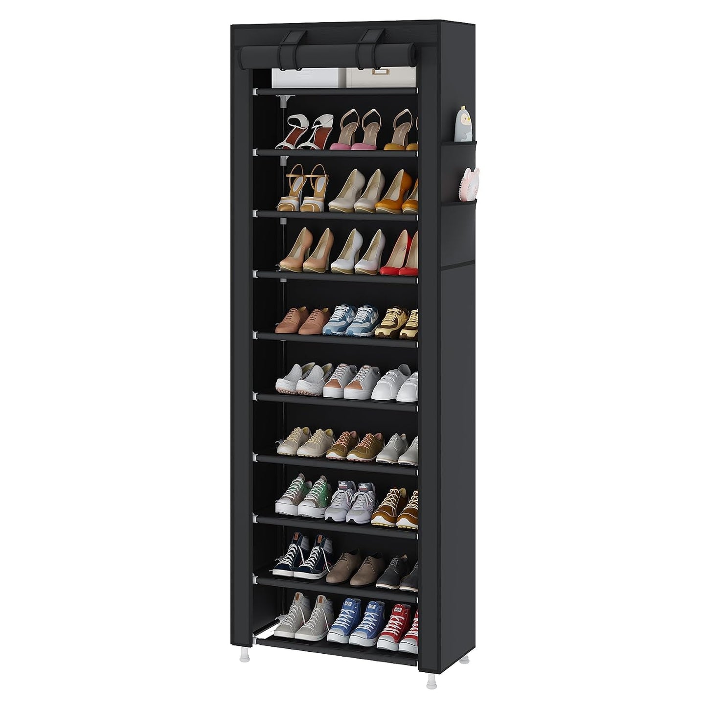 UDEAR 10-Tier Shoe Rack Organizer for Entryway with Dustproof Cover,Black | Free Standing,Shoe Shelf for Closet,Garage,Dorm,Large Capacity,Front Door Entrance, Vertical Tall Narrow Shoe Rack
