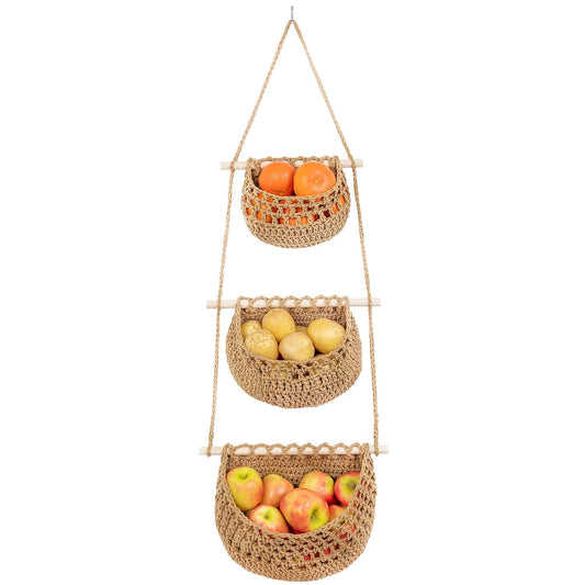 Cotton Hanging Fruit Basket,3 Tier Woven wall Basket, hanging Storage baskets for Kicthen and Bathroom, Macrame wall hanging, Boho Decor Over The Door Decor Organizer, White (Brown)