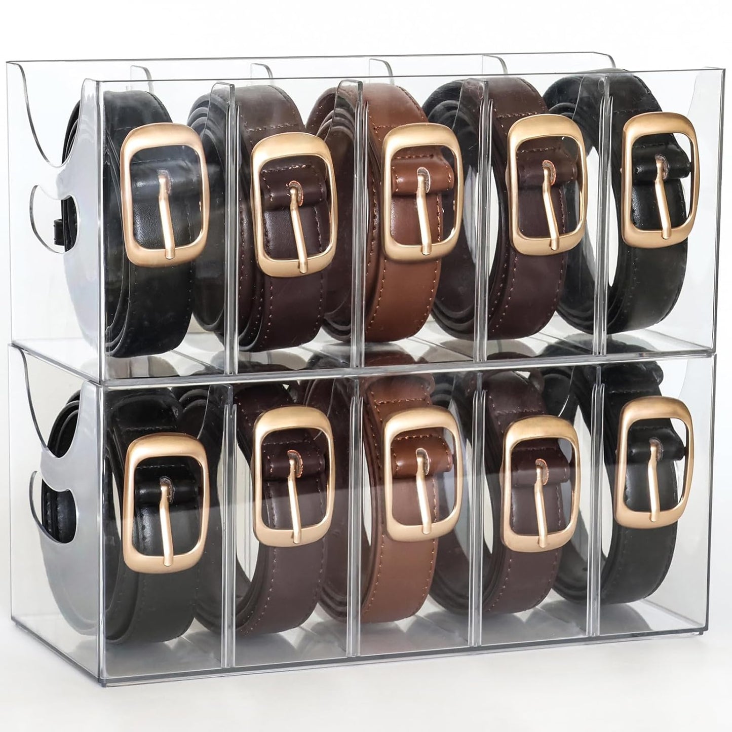 Belt Organizer - 2 Pack Clear Stackable Belt holder For Closet Drawer Storage - 5 Compartments with Removable Dividers, Multi-Purpose Display Bins With Inserts For Ties,Socks,underwear (2)