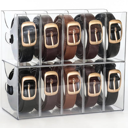 Belt Organizer - 2 Pack Clear Stackable Belt holder For Closet Drawer Storage - 5 Compartments with Removable Dividers, Multi-Purpose Display Bins With Inserts For Ties,Socks,underwear (2)