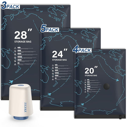12 Pack Vacuum Bags for Travel with Pump for Clothing and Luggage | Rechargeable USB-C Pump, 3 Sizes, Space Saver Compression Bags for Suitcase, Carry-on, Flight and Closet Storage