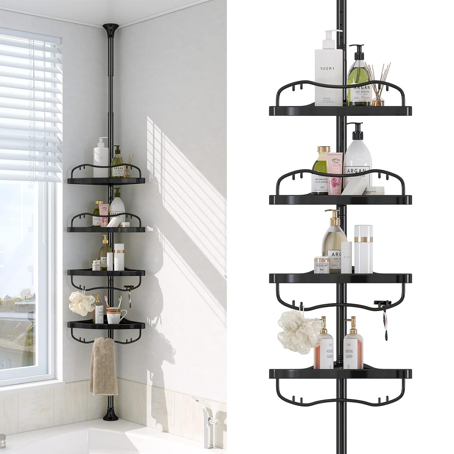 Corner Shower Caddy Tension Pole - Heavy Duty Floor to Ceiling Shower Organizer Tension Pole with 4 Shelves,54"-114” Adjustable Rustproof Stand Rack for Bathtub,Bathroom,Dorm,RV - Black