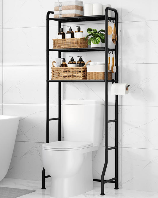 Kitsure Over Toilet Storage Rack, 63.2" H Space-Saving, Holder & Hooks | Bathroom, Laundry Room, Small Spaces, Families, Durable Metal, Black, 3 Tier