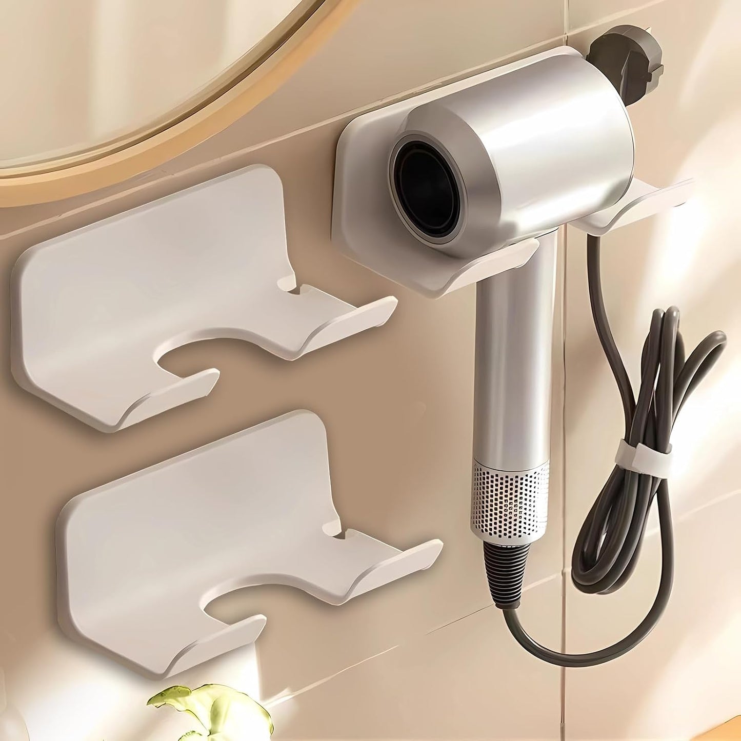 2-Pack Universal Hair Dryer Holder, Self Adhesive Wall Mount, White | Universal storage rack fits most brand blow dryers, ideal for bathroom organization