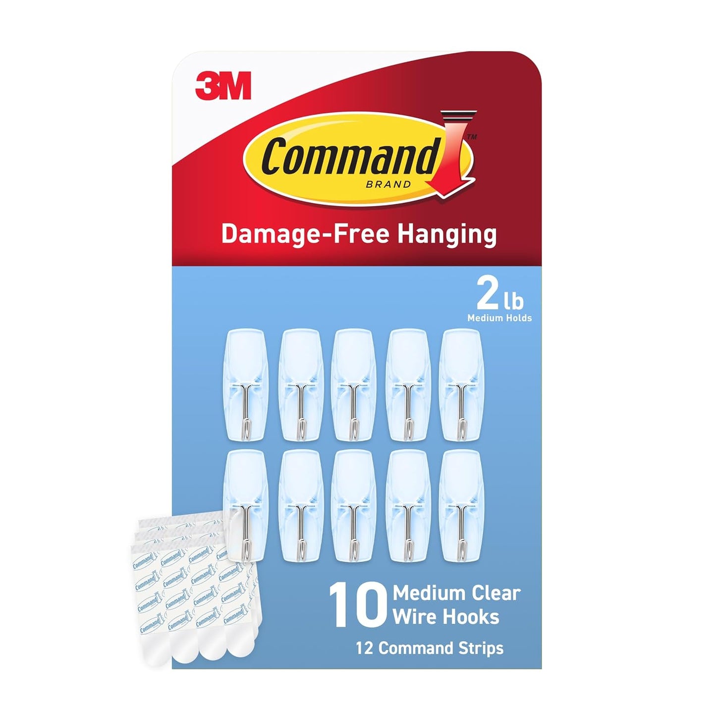 Command Medium Clear Wire Hooks, 10 Hooks, 12 Strips | Damage-Free Hanging Wall Hangers for Hanging Home Decor, Holds up to 2 lb