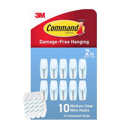 Command Medium Clear Wire Hooks, 10 Hooks, 12 Strips | Damage-Free Hanging Wall Hangers for Hanging Home Decor, Holds up to 2 lb