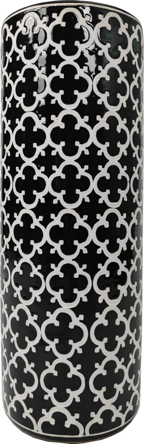 24''H Porcelain Ceramic Umbrella Stand Umbrella Holder | Modern Style Umbrella Bucket Floor Vase for Storaging Canes Walking Sticks for Entryway Indoor 24‘’High Black&White