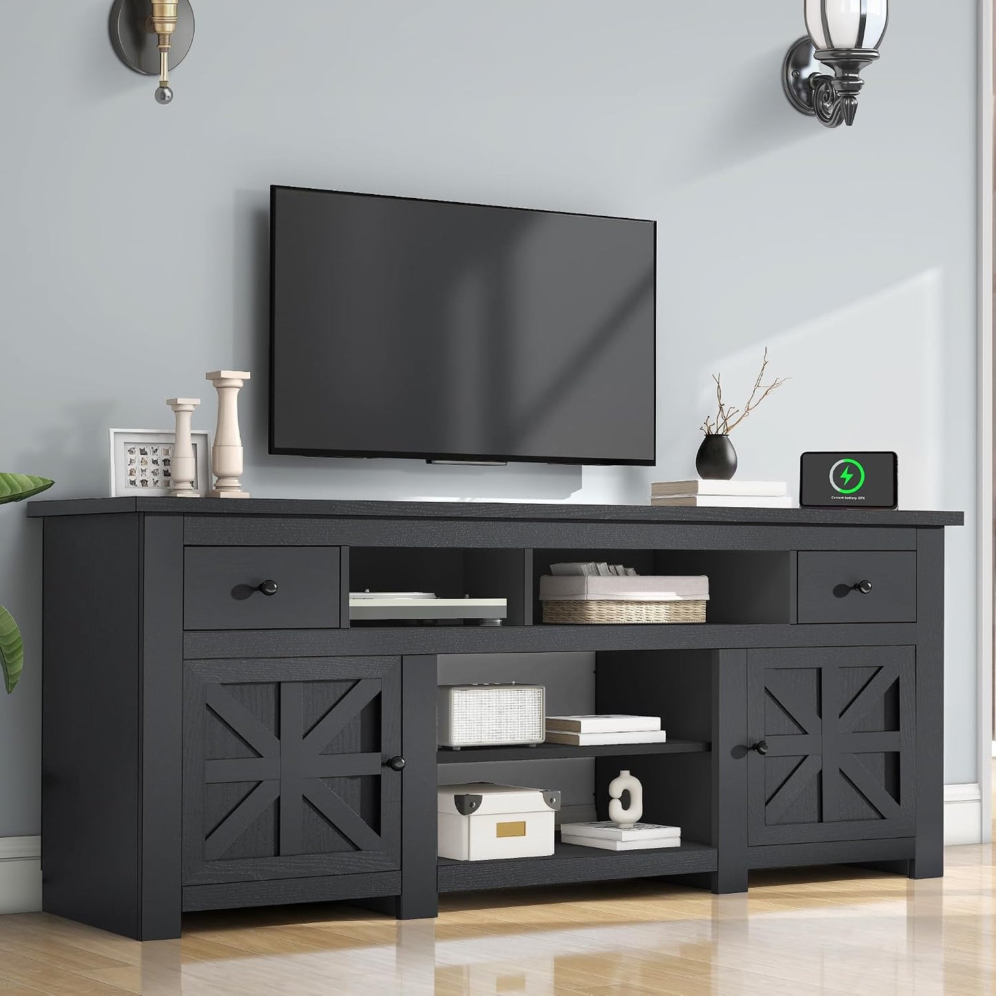 DWVO Farmhouse TV Stand with Power Outlet for 75"/80" TVs, Black | Entertainment Centers Furniture, TV Consoles with Storage Drawers, Rustic TV Stands for Living Room