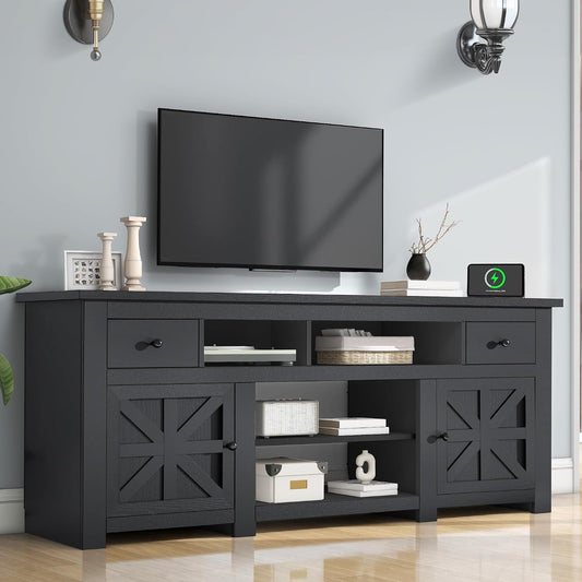 DWVO Farmhouse TV Stand with Power Outlet for 75"/80" TVs, Black | Entertainment Centers Furniture, TV Consoles with Storage Drawers, Rustic TV Stands for Living Room