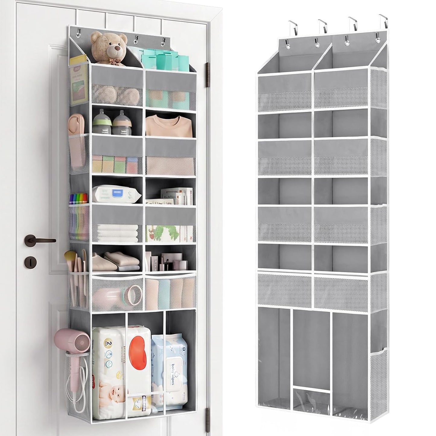 Yecaye Over the Door Organizer 5-Shelf, Behind the Door Storage 80lbs Capacity with Extra Large Pocket, Back of Door Organizer and Storage for Baby Nursery Bedroom Dorm Bathroom RV, Grey
