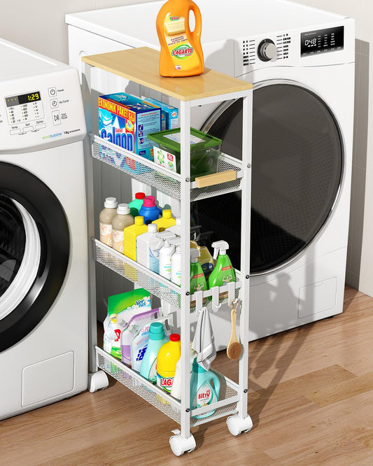Utility Slim Storage Cart, 4 Tier Rolling Cart wit... (White | Alloy Steel)