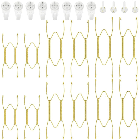 Hotop 12 Pieces Plate Hangers for Wall Stainless Steel Wire Invisible Heavy Duty Plate Hangers Display Holders with 12 Pieces Hooks for Wall Decorative(6/8/10 Inch,Gold)