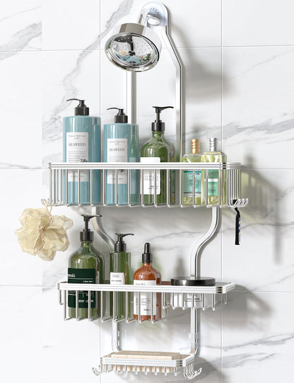Never Rust Shower Caddy Hanging, Aluminum Shower Racks for Inside Shower, 3-Tier Shower Organizer Hanging Over Shower Head with Hooks and Soap Holder, Silver