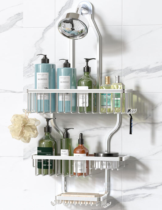 Never Rust Shower Caddy Hanging, Aluminum Shower Racks for Inside Shower, 3-Tier Shower Organizer Hanging Over Shower Head with Hooks and Soap Holder, Silver
