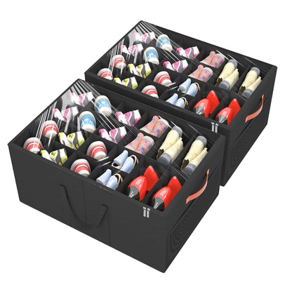 2 Pack Shoe Organizer for Closet, Large Shoe Storage Box, Black | Fits up to 48 Pairs, Stackable, Space Saving, Foldable, Shoes Organizer Bin with Clear Cover, 4 Reinforced Handles
