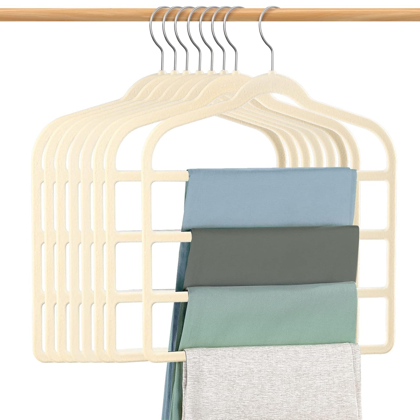 Velvet Hangers Space Saving Non Slip Pant Velvet Hangers Multi Layer Hanger | 8 Pack Beige Clothes Hangers Closet Organizer for Pants Trousers Scarf
