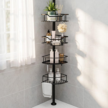 Corner Shower Caddy Tension Pole, 4-Tier Fan-Shaped Adjustable Rustproof Bathroom Organizer Shelves, 47"-125'', No-Drill Quick Installation for Inside Shower, Bathtub, Black (BLACK)