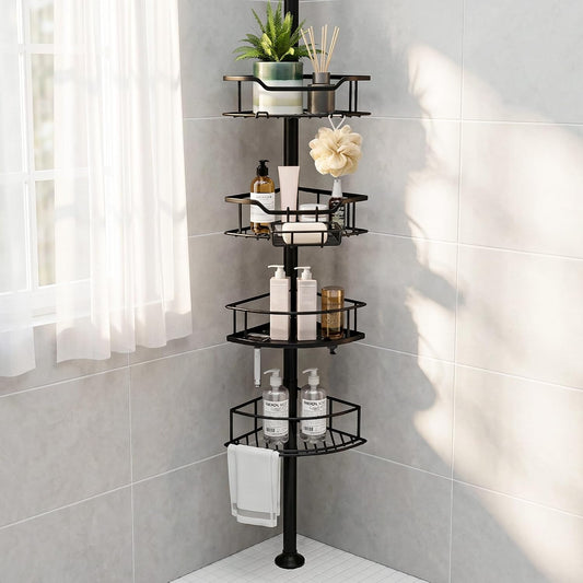 Corner Shower Caddy Tension Pole, 4-Tier Fan-Shaped Adjustable Rustproof Bathroom Organizer Shelves, 47"-125'', No-Drill Quick Installation for Inside Shower, Bathtub, Black (BLACK)