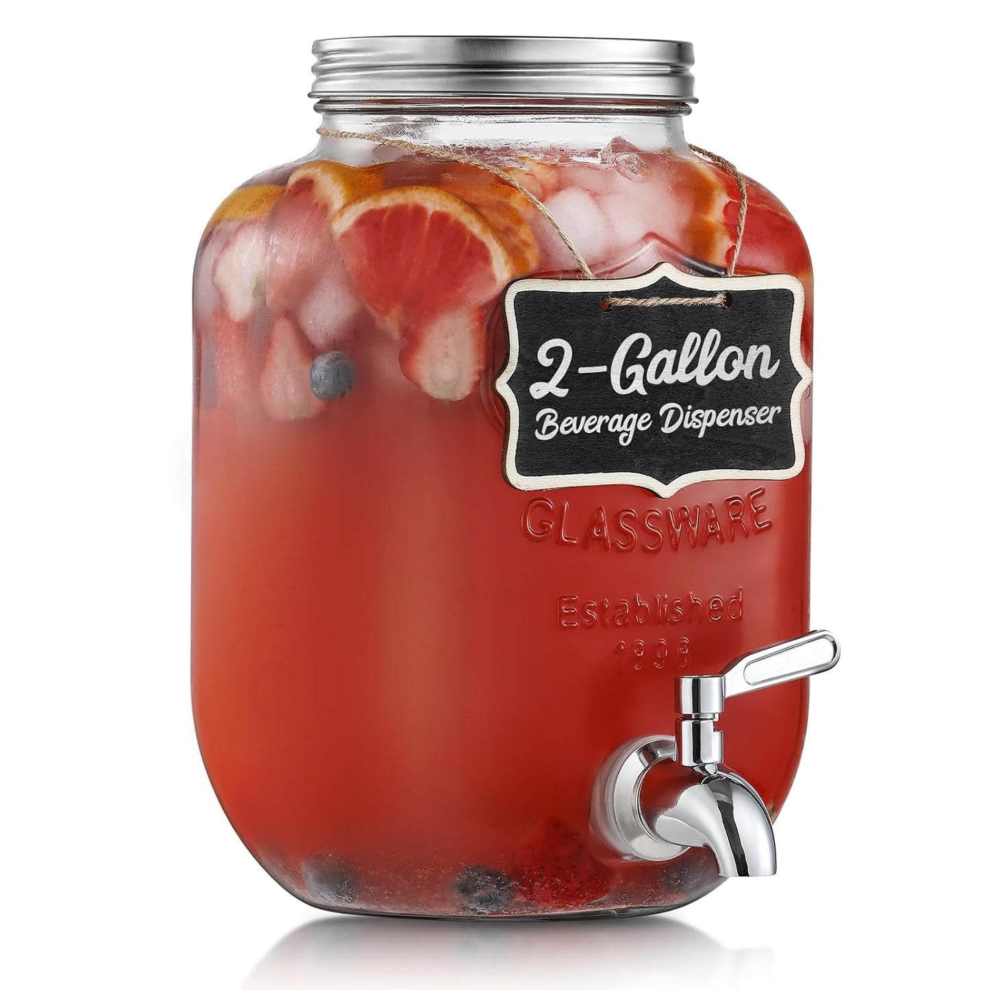 2 Gallon Glass Beverage Dispenser, 18/8 Stainless Steel Spigot and Lid - Glass Drink Dispensers for Parties - Mason Jar Drink Dispensers with Lids - Laundry Detergent Holder