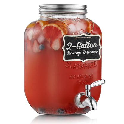 2 Gallon Glass Beverage Dispenser, 18/8 Stainless Steel Spigot and Lid - Glass Drink Dispensers for Parties - Mason Jar Drink Dispensers with Lids - Laundry Detergent Holder