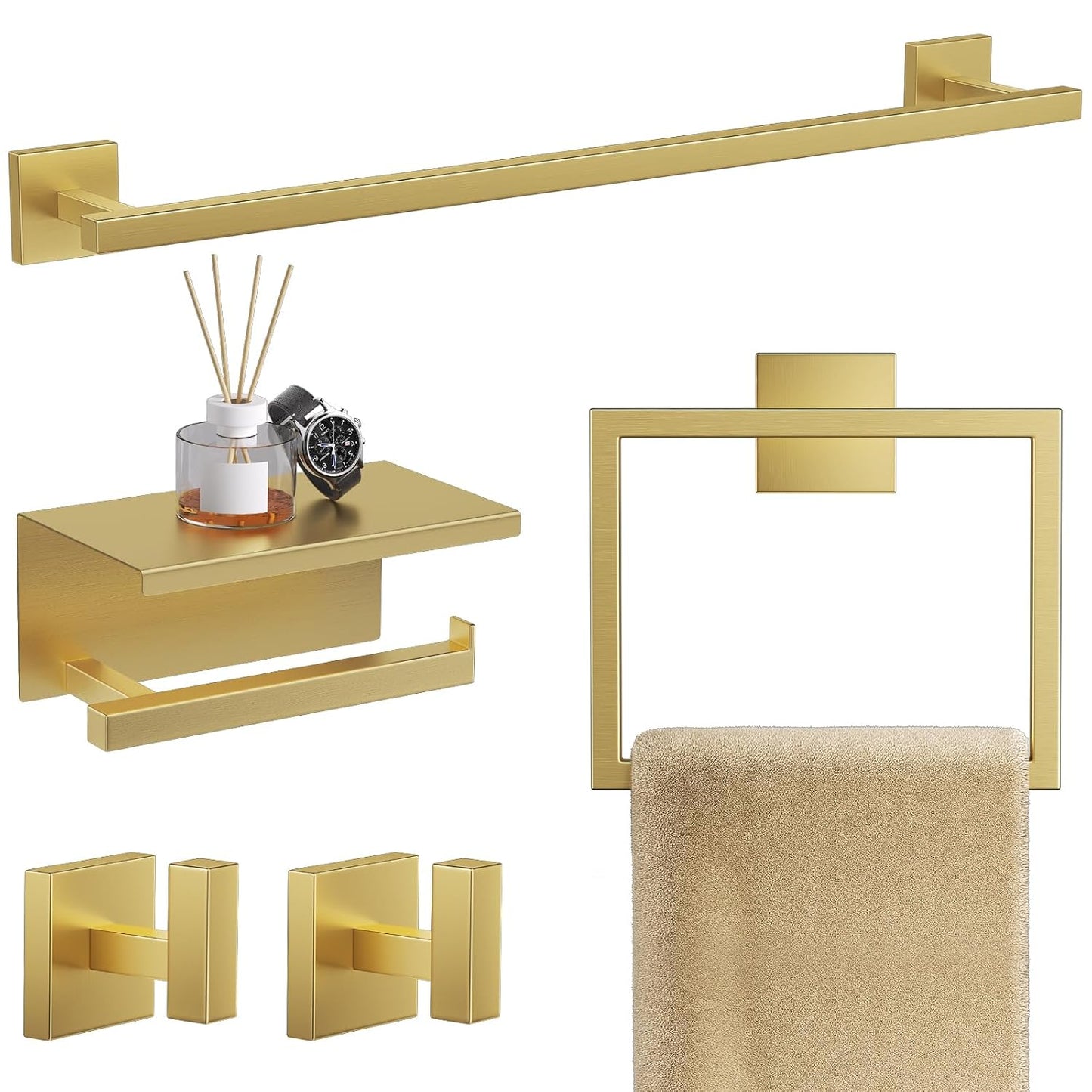 5-Pieces Brushed Gold Bathroom Hardware Accessories Set 23.6" SUS304 Stainless Steel Towel Bar Set Wall Mounted Square Toilet Paper Holder with Shelf
