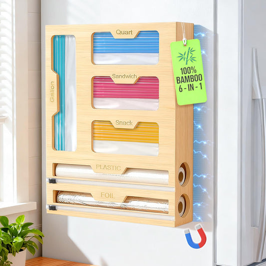 Magnetic Storage Bag Organizer 6 In 1 Ziplock Bag Organizer for Fridge and Drawer, Foil and Plastic Wrap Organizers with Cutter, Food Storage Bags Organizers for Gallon Quart Sandwich Snack