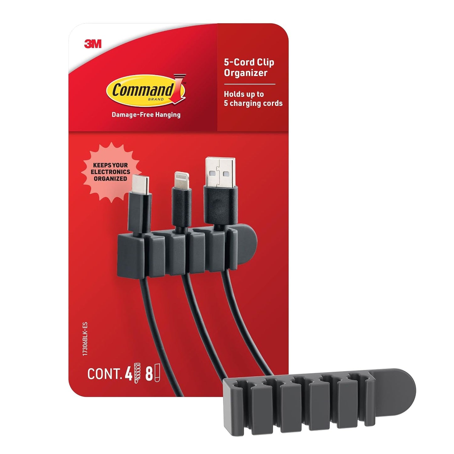 Command 5-Cord Clip Organizer, Black, 4 Clips, 8 Medium Strips | Cord Clip Organizer For Cable Mnagement, Keeps Electronic Cords Hidden, Good For Gaming Setups, Damage Free Cord Organizing