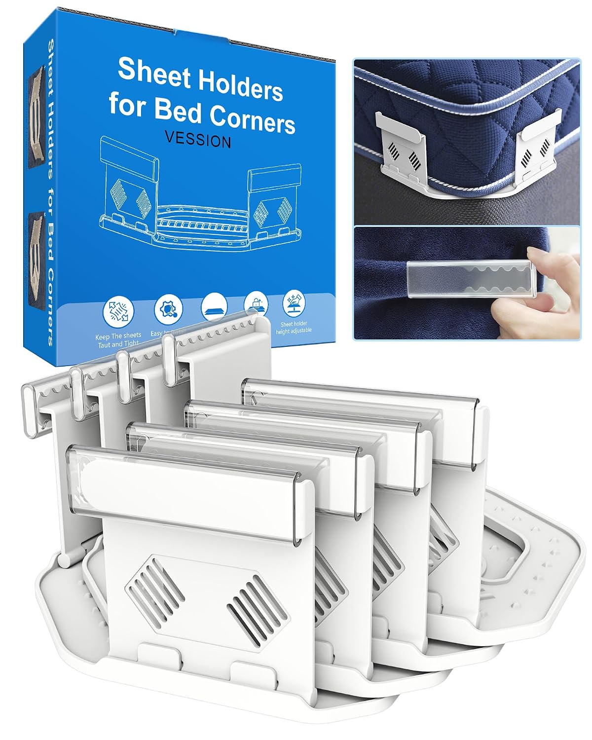Bed Sheet Holders for Corners Keep Sheets Firm & Tight of 4PCS - Heavy Duty Sheets Fasteners Open Corner Design for Fit Various Mattresses - Foldable for Convenient Storage