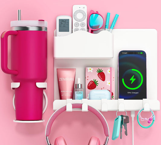 Bedside Wall Shelf for Teen Girls Dorm Room Essentials Bunk Bed Stuff | No Drill Floating Shelves with Cup Holder, Aesthetic Cute Girls Room Decor Aesthetic Stick Bedroom Accessories Organizer