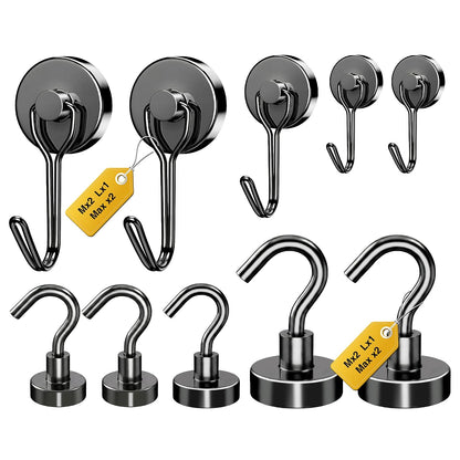 Magnetic Hooks, Mixed Sizes 10-Pack Black Heavy Duty Strong Magnet Hook Set for Refrigerator, Cruise Ship Cabin, Outdoor BBQ Grill, Kitchen & Garage (Medium 4 + Large 2 + Max 4)