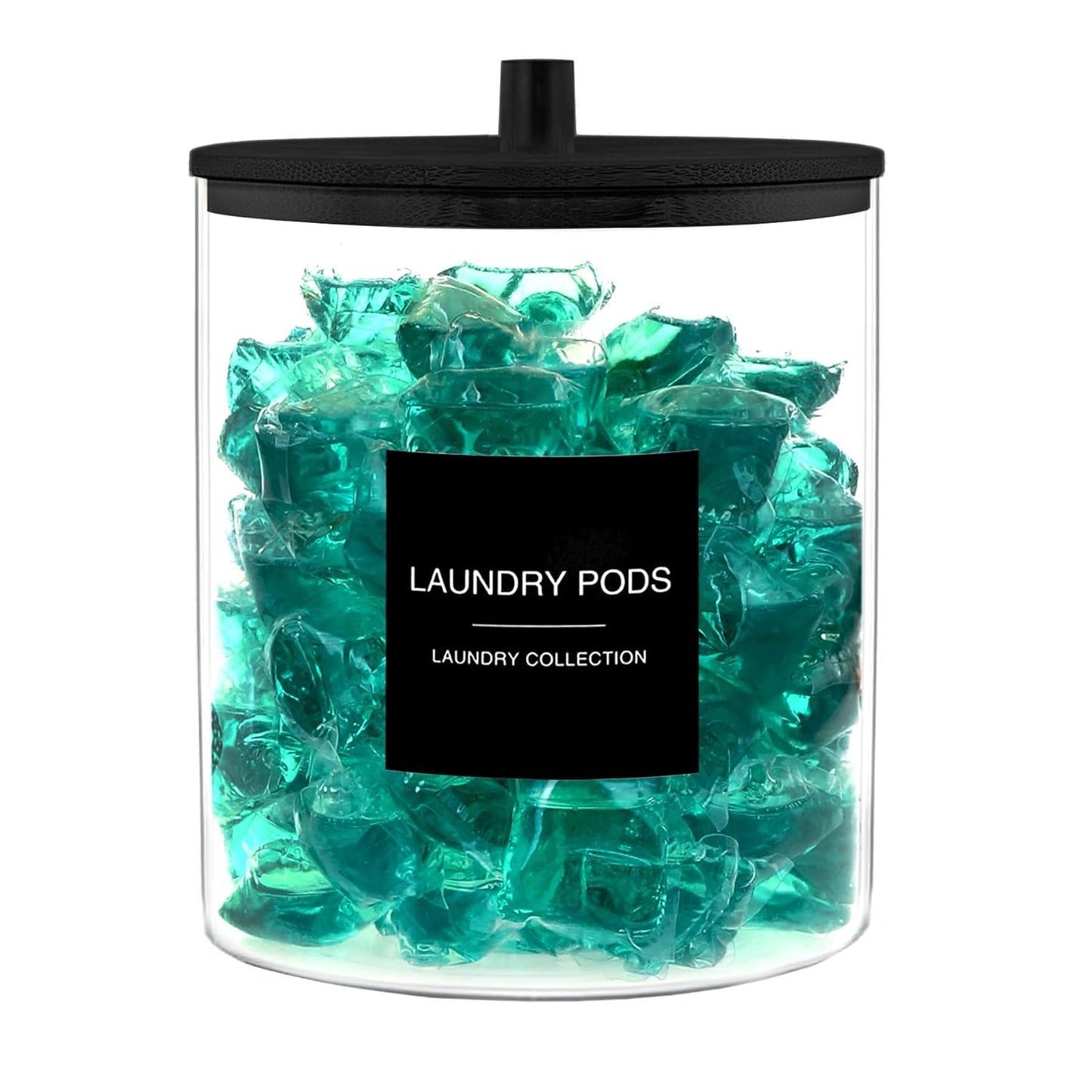 Laundry Pods Container with 27 Labels, Glass Jars for Laundry Room Organization, Detergent Holder with Bamboo Lid, Cute Storage Jars, Black (Set of 1)