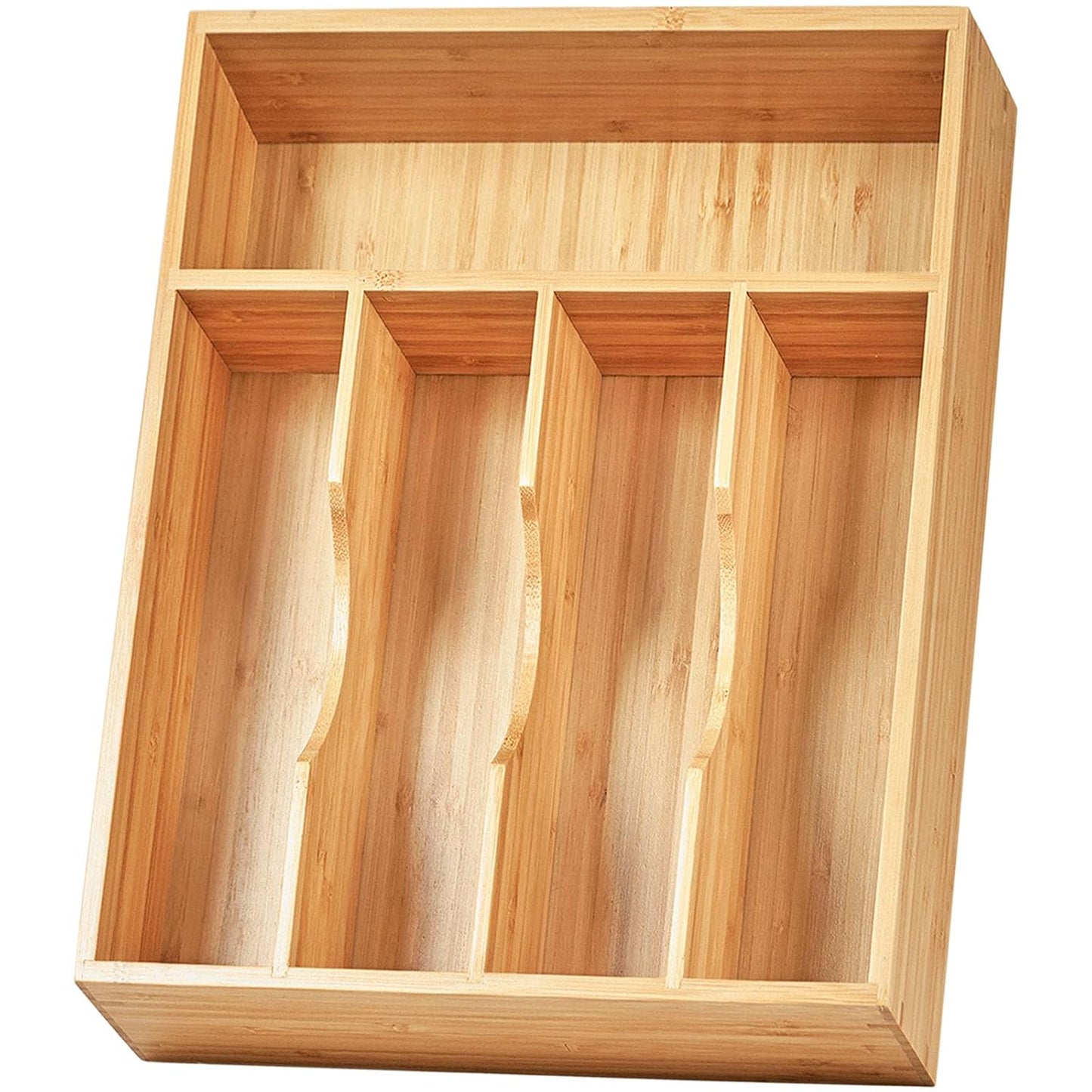Kitchen Drawer Organizer, 10 Inch Silverware Utensil Tray Holder, Extra Deep, with Non-Slip Feet & Grooved Drawer Divider, 5 Slots Total Bamboo Wood Caddy for Flatware Cutlery Knives
