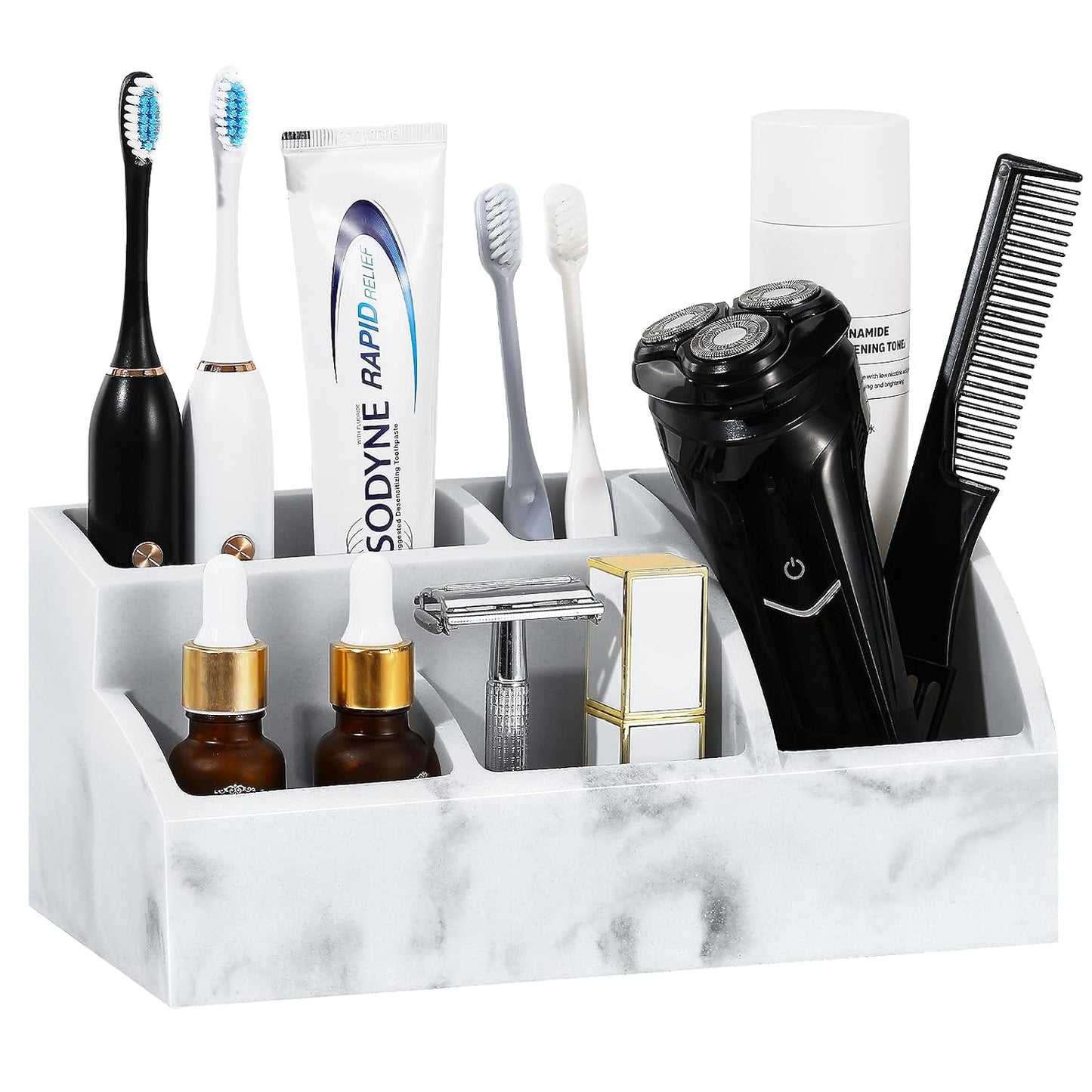 Luxspire Bathroom Counter Organizer, 5 Slots, Gravel White | Toothbrush Holder for Bathroom, Marble Bathroom Accessories for Toothbrush Toothpaste