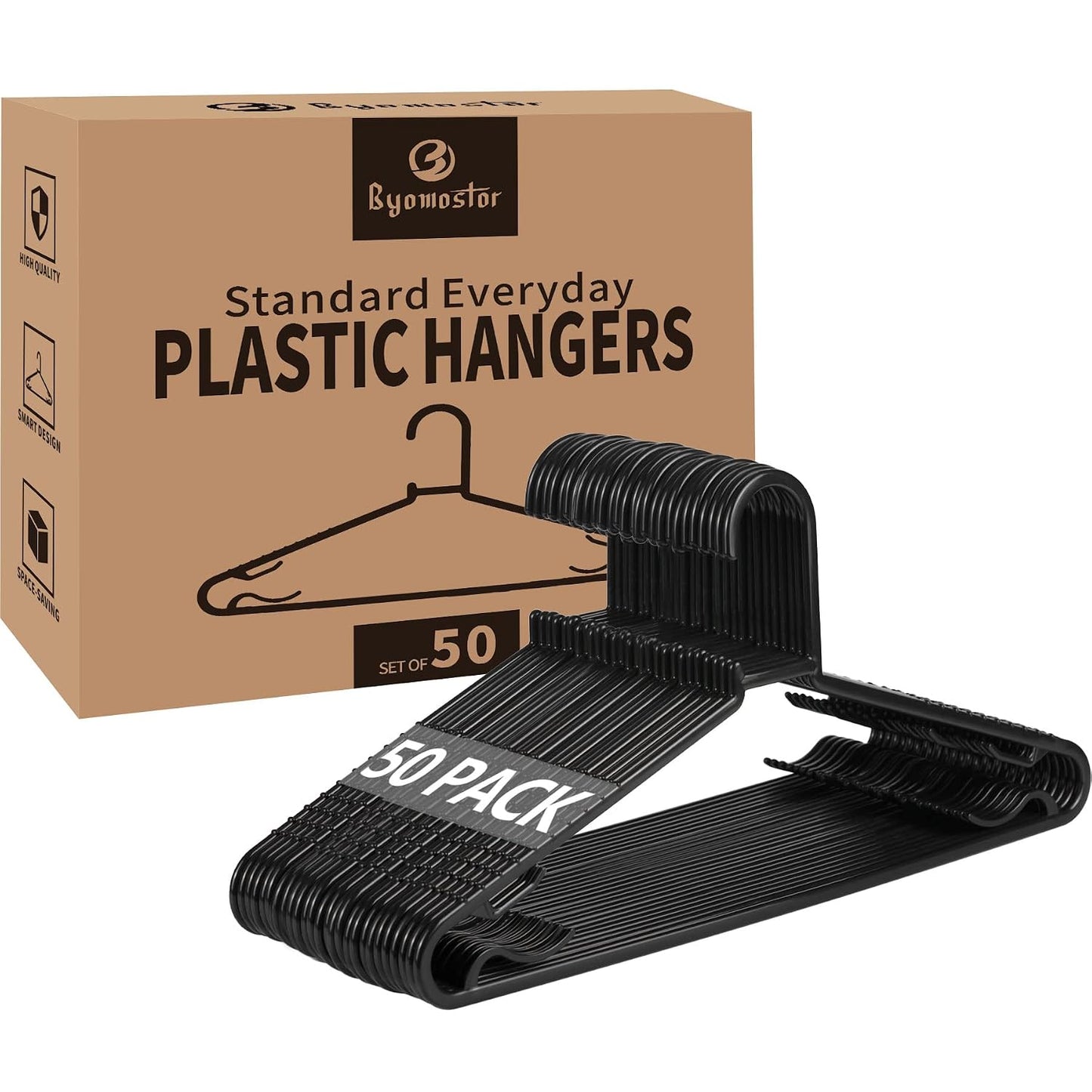Byomostor Plastic Hangers 50 Pack | Lightweight durable slim design, space saving for laundry and daily adult clothing storage Ideal for apartments, dorms