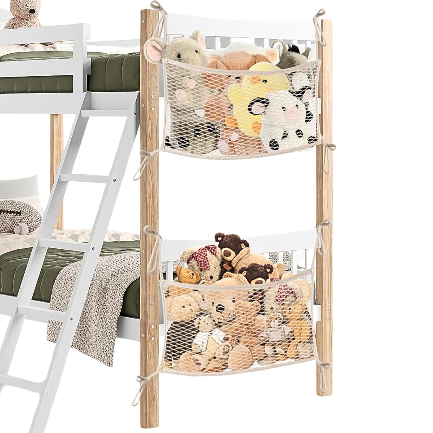 2 Pack Stuffed Animal Storage Net for Kids, Toy Organizer Net, Cotton | Bedside Stuffed Animal Net with Tether, Neatly Stores Stuffed Animals, Plush Toys, Stretches up to 35 Inches, Beige