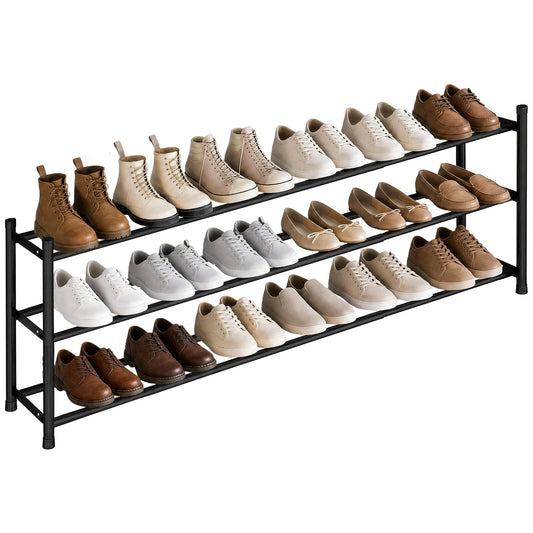 STORAGE MANIAC Long Expandable Shoe Rack, 18 Pairs Metal Wide Stackable Shoe Rack, Adjustable Shoes Shelf, Freestanding Shoes Organizer for Closet, Entryway, Hallway, Garage, Front Door, 3 Tiers