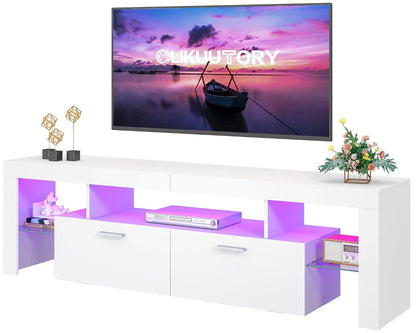 Clikuutory Modern Lighting 63 inch TV Stand with Large Storage Drawer for 50 55 60 65 70 75 Inch TVs, TV Console with 20 Color LED Lights, Entertainment Center Media and Open Shelf for Bedroom, White